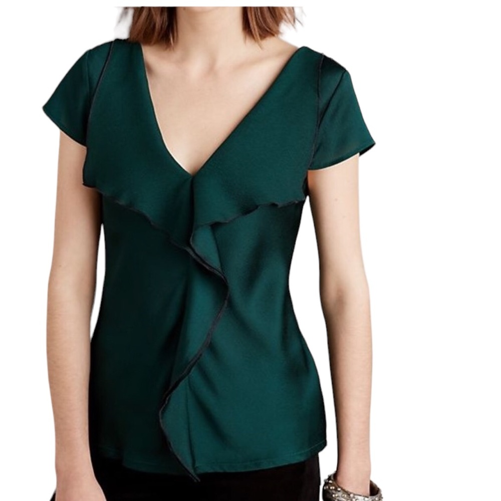 Meadow Rue Ruffle Blouse Top Dark Green V Neck Two Tone Fabric Sz Small NWT